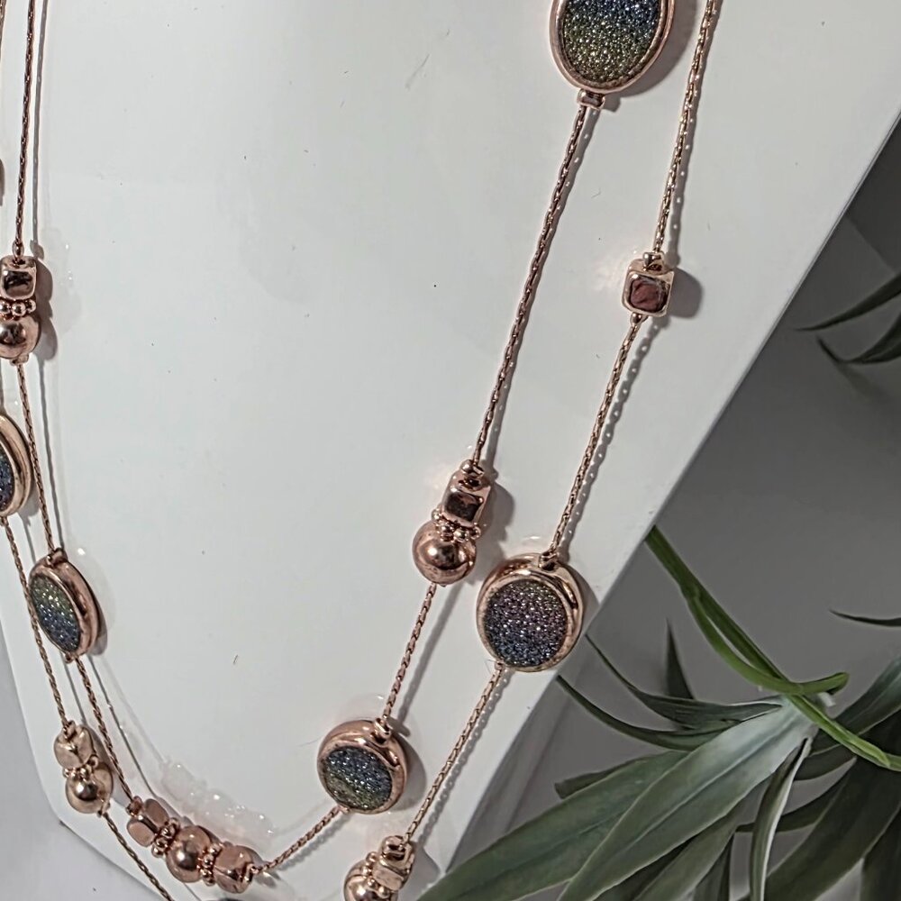 Layered Rose Gold Tone Necklace Sparkly Statement Piece - Picture 6 of 9